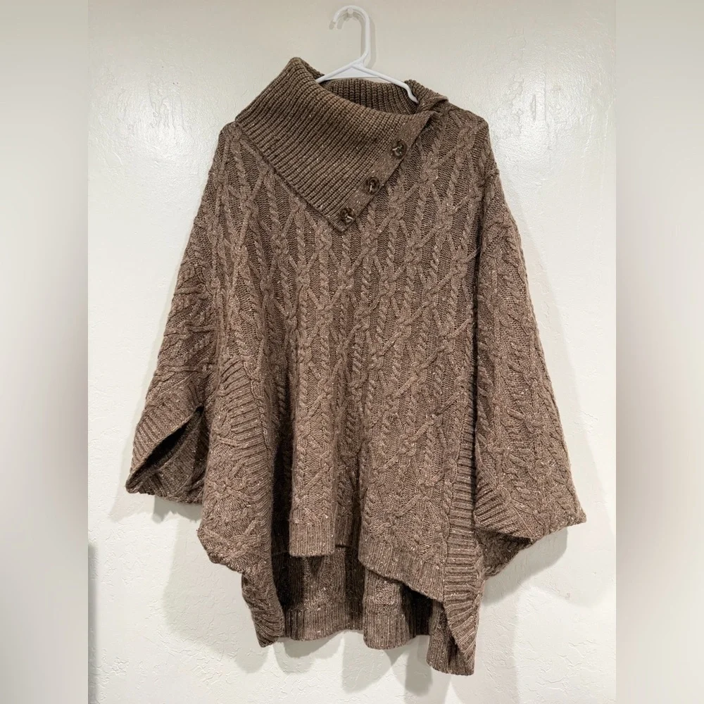 By Anthropologie Tan Corine Cable Knit Poncho Cowl Neck Sweater size XL